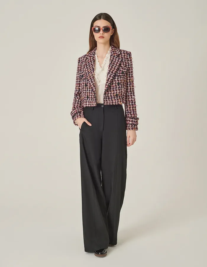 MARYLING Jacket and Coat Pink and Black Plaid HShaped Cropped Tweed Jacket Checkes 8211 Women MARYLING Jacket and Coat Pink and Black Plaid HShaped Cropped Tweed Jacket Checkes 8211 Women