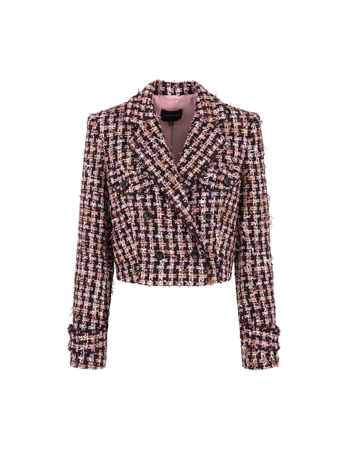 MARYLING Jacket and Coat Pink and Black Plaid HShaped Cropped Tweed Jacket Checkes 8211 Women MARYLING Jacket and Coat Pink and Black Plaid HShaped Cropped Tweed Jacket Checkes 8211 Women