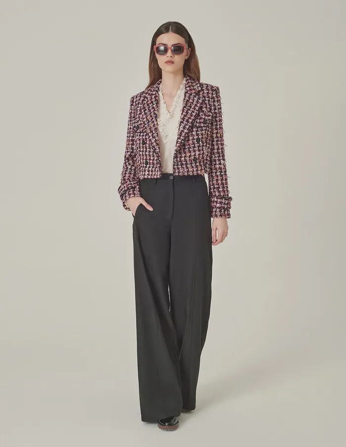 MARYLING Jacket and Coat Pink and Black Plaid HShaped Cropped Tweed Jacket Checkes 8211 Women MARYLING Jacket and Coat Pink and Black Plaid HShaped Cropped Tweed Jacket Checkes 8211 Women