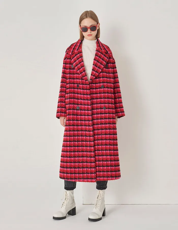 MARYLING Jacket and Coat Raspberry Plaid Large Lapel DoubleBreasted Long Coat Checkes 8211 Women MARYLING Jacket and Coat Raspberry Plaid Large Lapel DoubleBreasted Long Coat Checkes 8211 Women