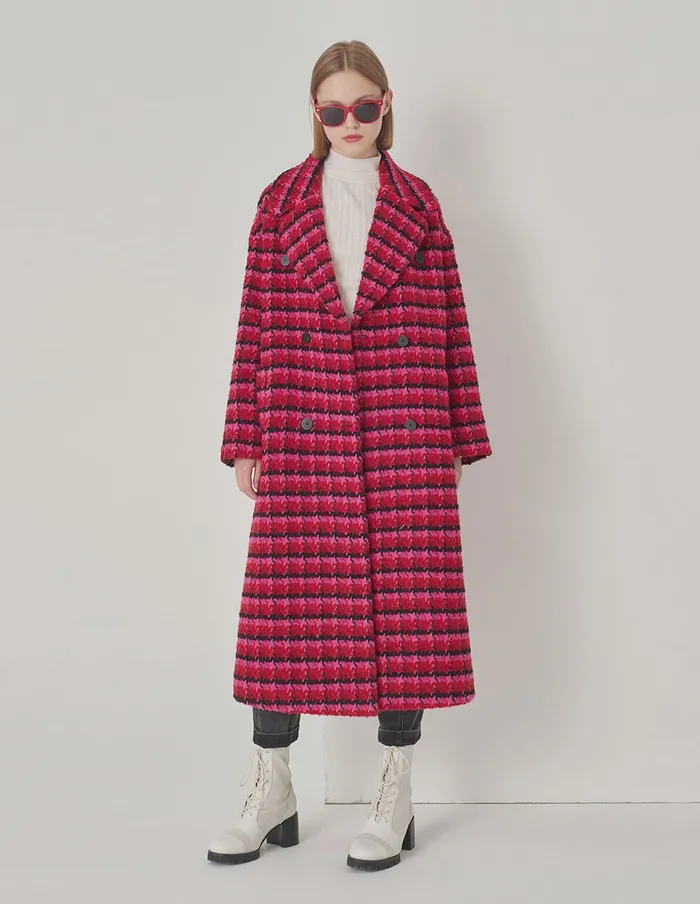 MARYLING Jacket and Coat Raspberry Plaid Large Lapel DoubleBreasted Long Coat Checkes 8211 Women MARYLING Jacket and Coat Raspberry Plaid Large Lapel DoubleBreasted Long Coat Checkes 8211 Women