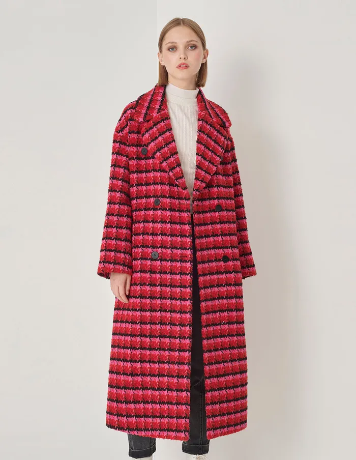 MARYLING Jacket and Coat Raspberry Plaid Large Lapel DoubleBreasted Long Coat Checkes 8211 Women MARYLING Jacket and Coat Raspberry Plaid Large Lapel DoubleBreasted Long Coat Checkes 8211 Women