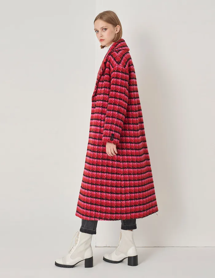 MARYLING Jacket and Coat Raspberry Plaid Large Lapel DoubleBreasted Long Coat Checkes 8211 Women MARYLING Jacket and Coat Raspberry Plaid Large Lapel DoubleBreasted Long Coat Checkes 8211 Women