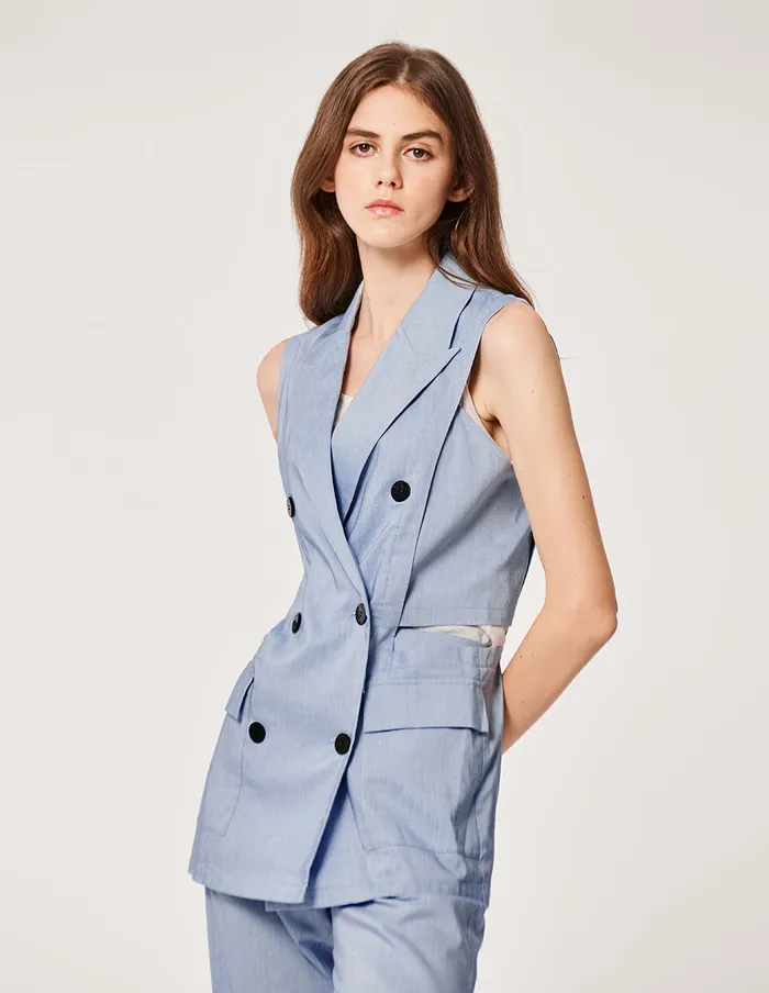 MARYLING Jacket and Coat SKY BLUE LINEN BLENDED SLEEVELESS JACKET Sky Blue 8211 Women MARYLING Jacket and Coat SKY BLUE LINEN BLENDED SLEEVELESS JACKET Sky Blue 8211 Women