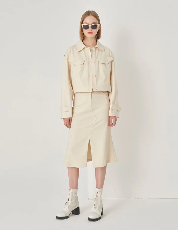 MARYLING Jacket and Coat White Slanted Pocket Cropped Jacket Cream 8211 Women MARYLING Jacket and Coat White Slanted Pocket Cropped Jacket Cream 8211 Women