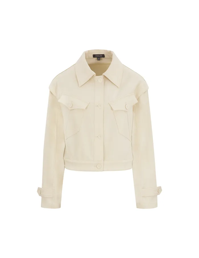 MARYLING Jacket and Coat White Slanted Pocket Cropped Jacket Cream 8211 Women MARYLING Jacket and Coat White Slanted Pocket Cropped Jacket Cream 8211 Women