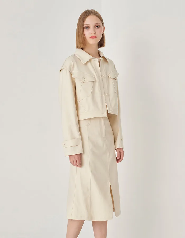 MARYLING Jacket and Coat White Slanted Pocket Cropped Jacket Cream 8211 Women MARYLING Jacket and Coat White Slanted Pocket Cropped Jacket Cream 8211 Women