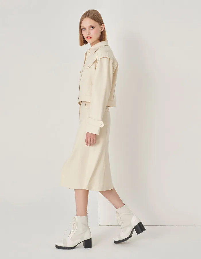 MARYLING Jacket and Coat White Slanted Pocket Cropped Jacket Cream 8211 Women MARYLING Jacket and Coat White Slanted Pocket Cropped Jacket Cream 8211 Women