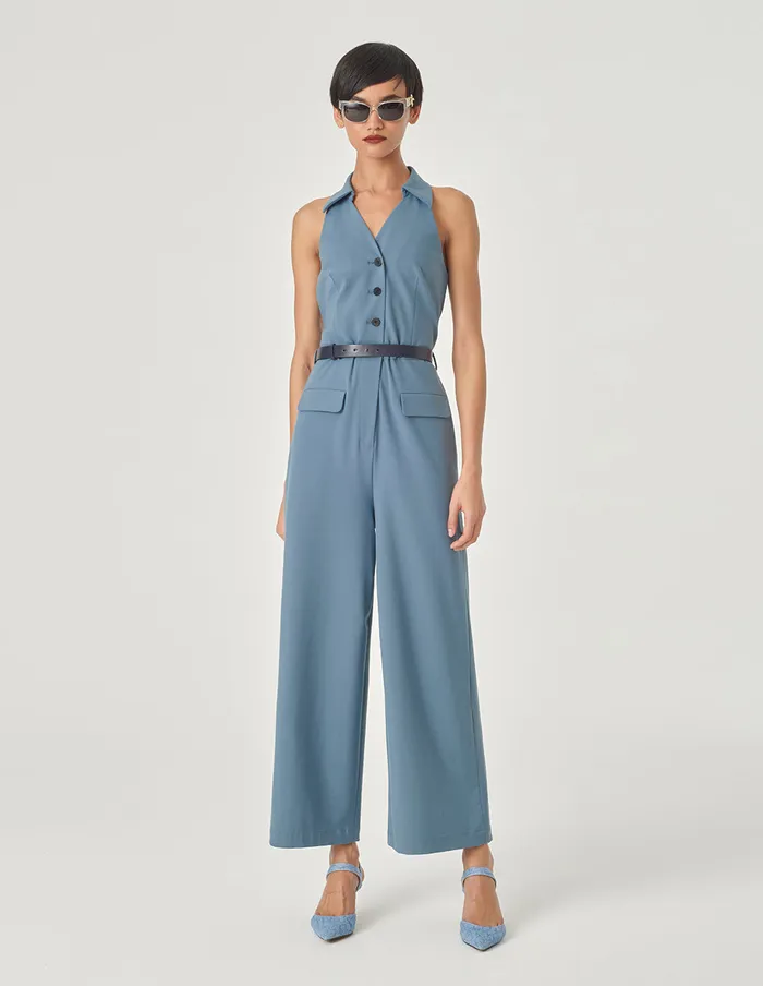 MARYLING Jumpsuits Lapel OffTheShoulder Jumpsuit Blue Haze 8211 Women