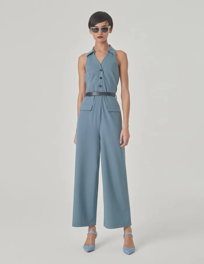 MARYLING Jumpsuits Lapel OffTheShoulder Jumpsuit Blue Haze 8211 Women MARYLING Jumpsuits Lapel OffTheShoulder Jumpsuit Blue Haze 8211 Women