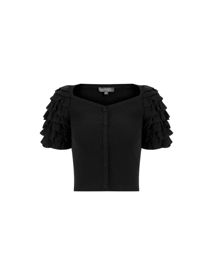 MARYLING Knitwear Black Ruffle Sleeve Short Top Black 8211 Women