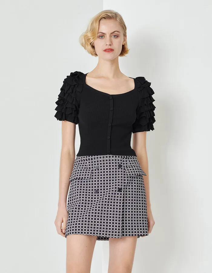 MARYLING Knitwear Black Ruffle Sleeve Short Top Black 8211 Women