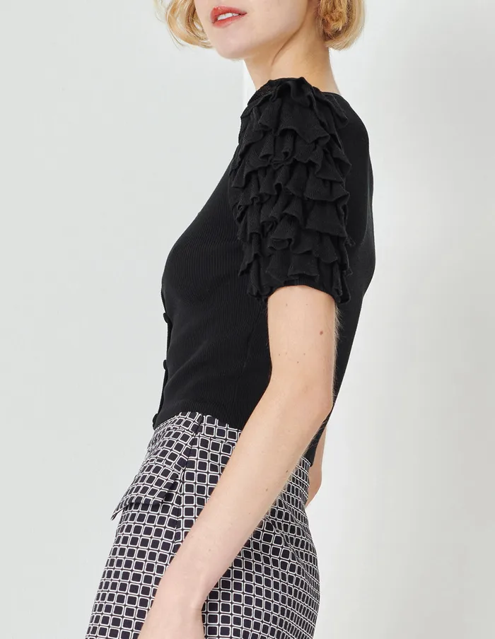 MARYLING Knitwear Black Ruffle Sleeve Short Top Black 8211 Women