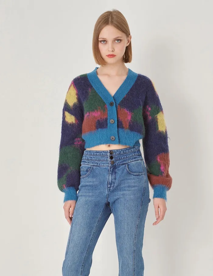 MARYLING Knitwear Blue Graffiti Mixed Color Knitted Cardigan Blue 8211 Women MARYLING Knitwear Blue Graffiti Mixed Color Knitted Cardigan Blue 8211 Women