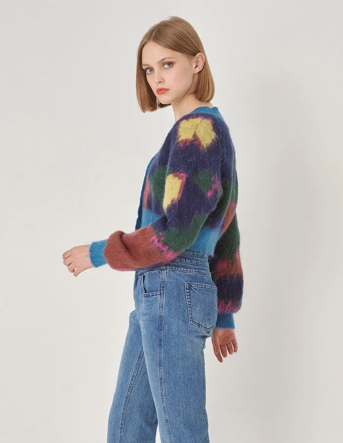 MARYLING Knitwear Blue Graffiti Mixed Color Knitted Cardigan Blue 8211 Women MARYLING Knitwear Blue Graffiti Mixed Color Knitted Cardigan Blue 8211 Women