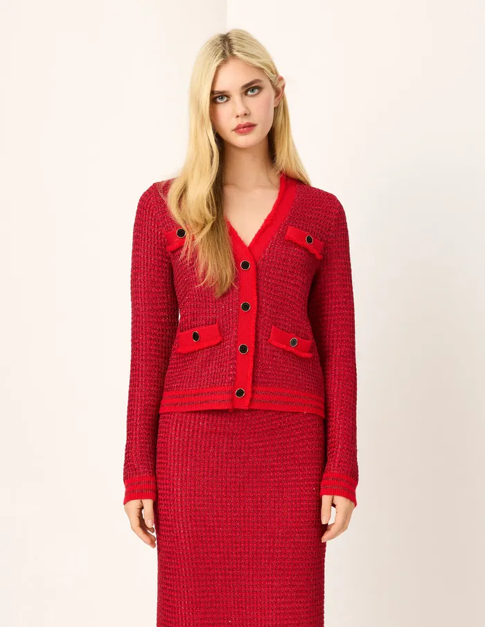 MARYLING Knitwear Bright Red MutilPockets Cropped Knit Cardigan Red 8211 Women MARYLING Knitwear Bright Red MutilPockets Cropped Knit Cardigan Red 8211 Women