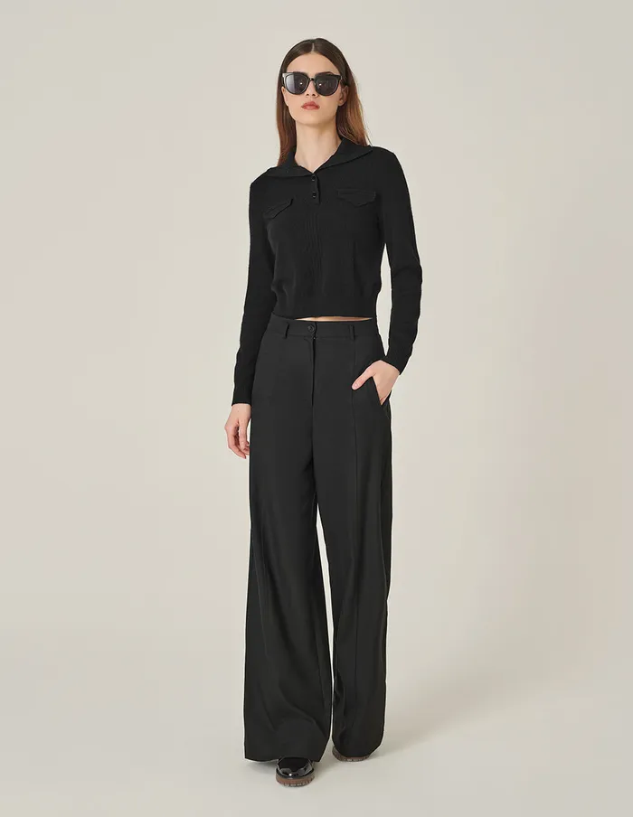MARYLING Knitwear Cashmere Knitted Cropped Polo Sweater Black 8211 Women