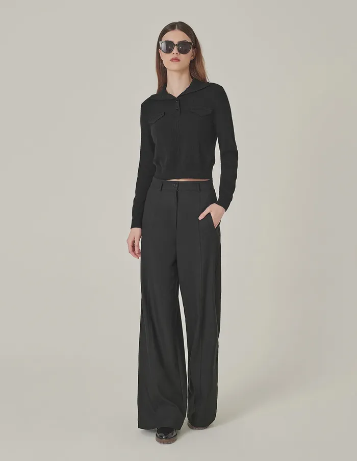 MARYLING Knitwear Cashmere Knitted Cropped Polo Sweater Black 8211 Women