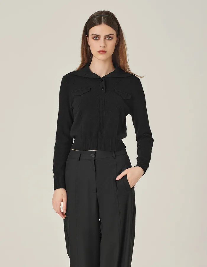 MARYLING Knitwear Cashmere Knitted Cropped Polo Sweater Black 8211 Women