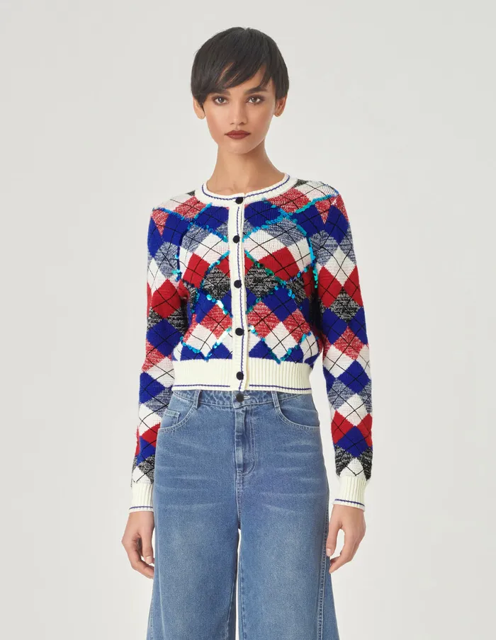 MARYLING Knitwear Diamond Check Round Neck Knitted Cardigan Checkered 8211 Women MARYLING Knitwear Diamond Check Round Neck Knitted Cardigan Checkered 8211 Women