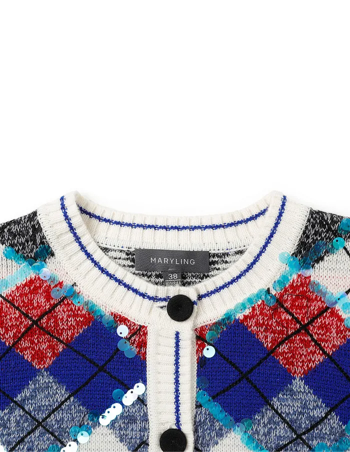 MARYLING Knitwear Diamond Check Round Neck Knitted Cardigan Checkered 8211 Women MARYLING Knitwear Diamond Check Round Neck Knitted Cardigan Checkered 8211 Women