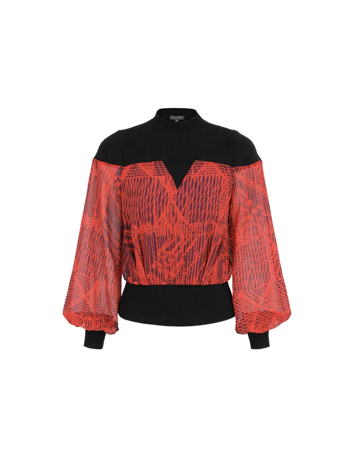 MARYLING Knitwear High Collar Knit Patchwork Print Blouse Red 8211 Women