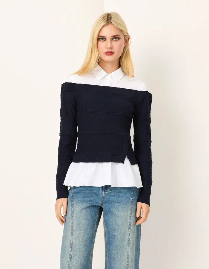 MARYLING Knitwear Knitted Patchwork LongSleeve Knit Blouse White 8211 Women MARYLING Knitwear Knitted Patchwork LongSleeve Knit Blouse White 8211 Women
