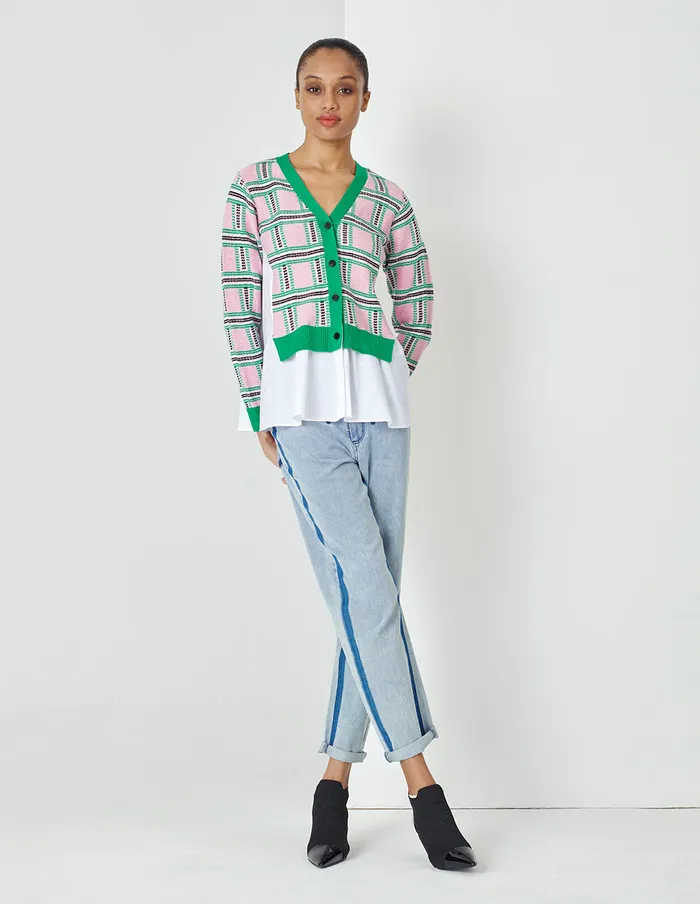 MARYLING Knitwear Loose Fit ALine White Shirt Stitched With Pink And Green Plaid Wool Cardigan Mix 8211 Women MARYLING Knitwear Loose Fit ALine White Shirt Stitched With Pink And Green Plaid Wool Cardigan Mix 8211 Women