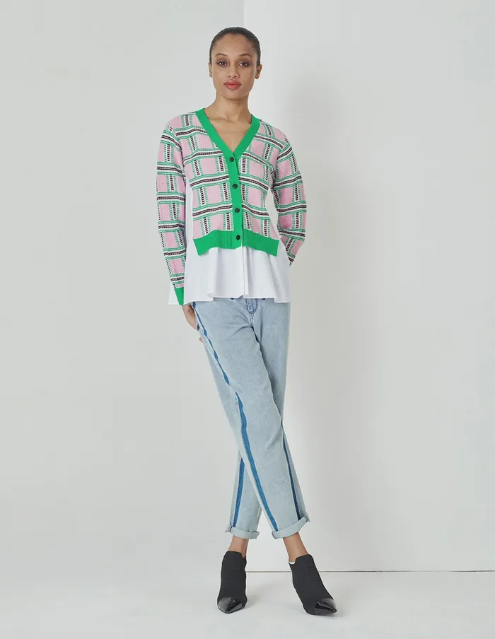 MARYLING Knitwear Loose Fit ALine White Shirt Stitched With Pink And Green Plaid Wool Cardigan Mix 8211 Women MARYLING Knitwear Loose Fit ALine White Shirt Stitched With Pink And Green Plaid Wool Cardigan Mix 8211 Women