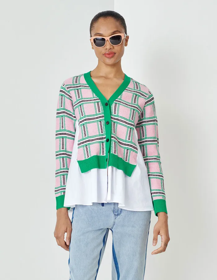 MARYLING Knitwear Loose Fit ALine White Shirt Stitched With Pink And Green Plaid Wool Cardigan Mix 8211 Women MARYLING Knitwear Loose Fit ALine White Shirt Stitched With Pink And Green Plaid Wool Cardigan Mix 8211 Women