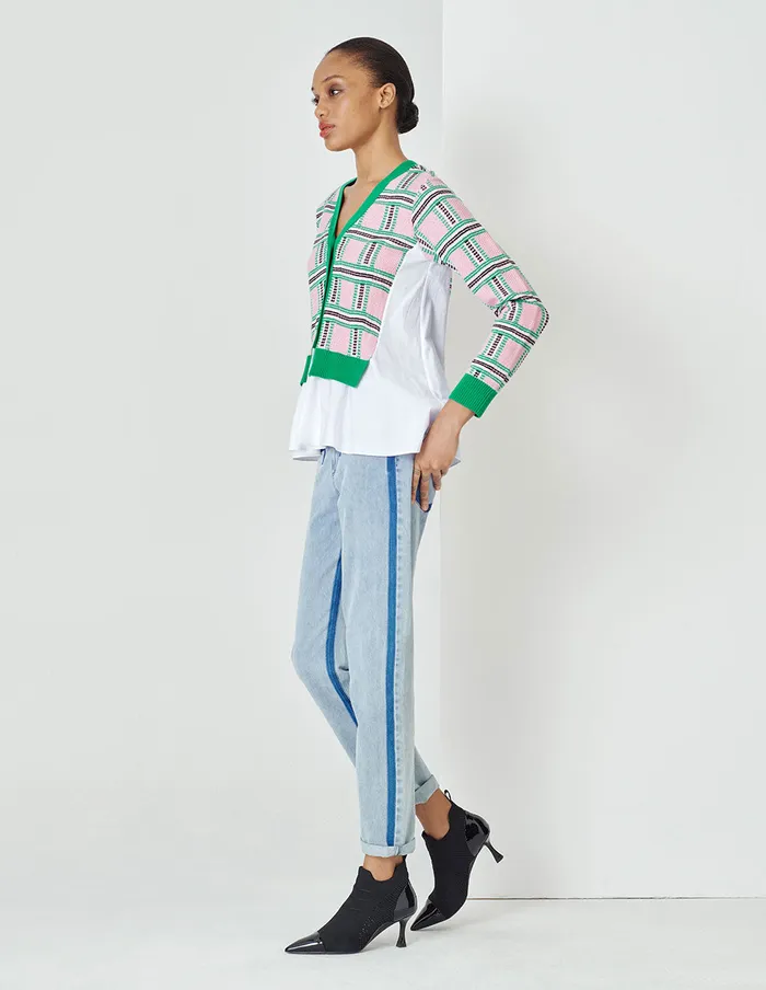 MARYLING Knitwear Loose Fit ALine White Shirt Stitched With Pink And Green Plaid Wool Cardigan Mix 8211 Women MARYLING Knitwear Loose Fit ALine White Shirt Stitched With Pink And Green Plaid Wool Cardigan Mix 8211 Women