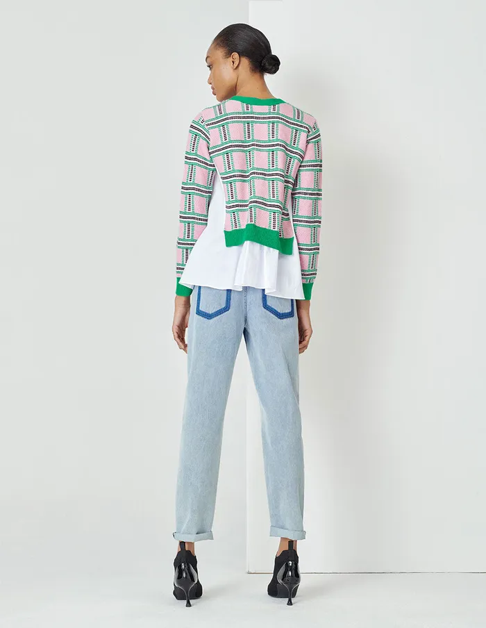 MARYLING Knitwear Loose Fit ALine White Shirt Stitched With Pink And Green Plaid Wool Cardigan Mix 8211 Women MARYLING Knitwear Loose Fit ALine White Shirt Stitched With Pink And Green Plaid Wool Cardigan Mix 8211 Women