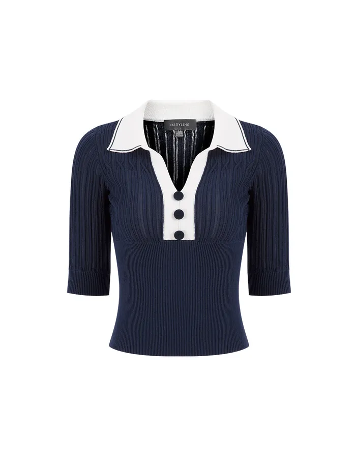 MARYLING Knitwear Midnight Blue Polo Shirt Collar Colour Block Knit Sweatshirt Mix 8211 Women MARYLING Knitwear Midnight Blue Polo Shirt Collar Colour Block Knit Sweatshirt Mix 8211 Women