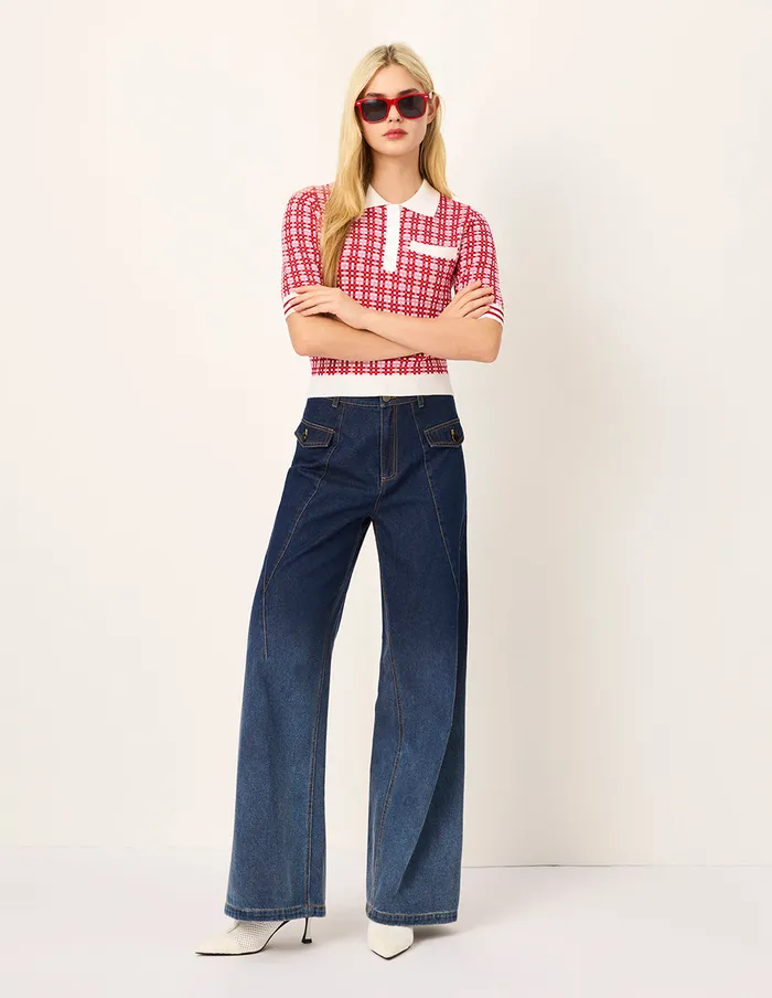 MARYLING Knitwear Peter Pan Collar Red and White Checkered ShortSleeves Sweater Red 8211 Women MARYLING Knitwear Peter Pan Collar Red and White Checkered ShortSleeves Sweater Red 8211 Women