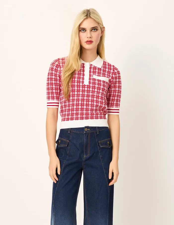 MARYLING Knitwear Peter Pan Collar Red and White Checkered ShortSleeves Sweater Red 8211 Women