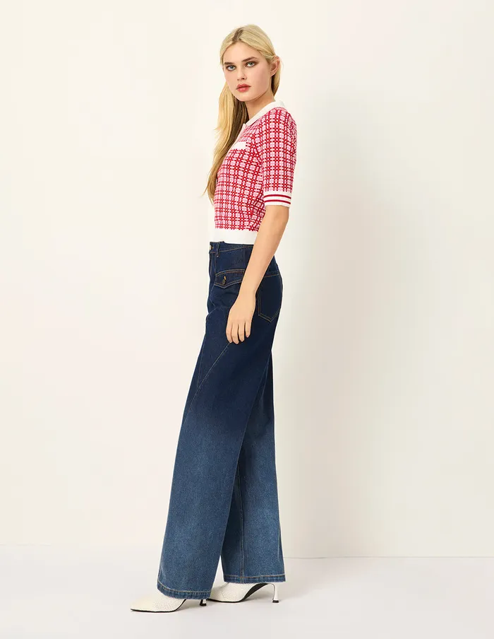 MARYLING Knitwear Peter Pan Collar Red and White Checkered ShortSleeves Sweater Red 8211 Women
