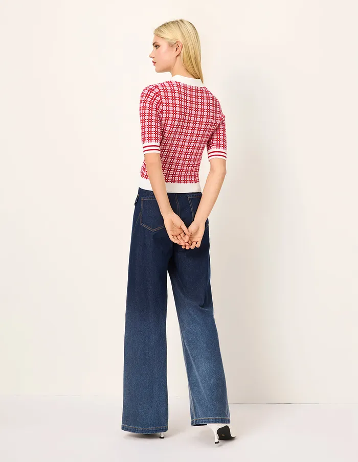 MARYLING Knitwear Peter Pan Collar Red and White Checkered ShortSleeves Sweater Red 8211 Women