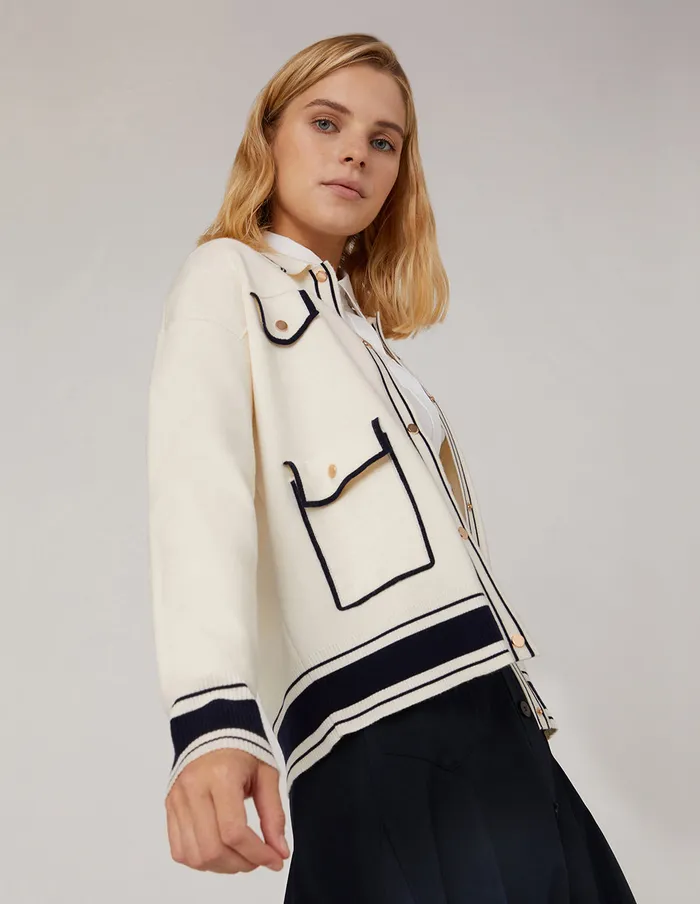 MARYLING Knitwear PoloNeck Contrast Knitted Jacket Ivory 8211 Women MARYLING Knitwear PoloNeck Contrast Knitted Jacket Ivory 8211 Women