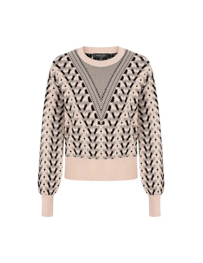 MARYLING Knitwear Round Neck Bubble Sleeve Printed Cropped Knit Sweater Beige 8211 Women