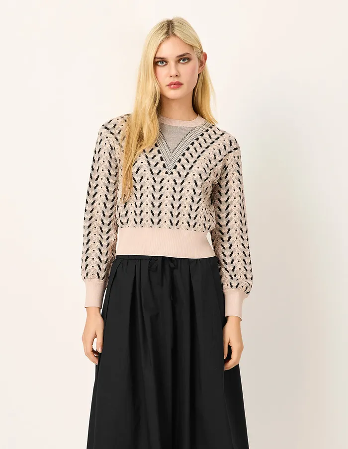 MARYLING Knitwear Round Neck Bubble Sleeve Printed Cropped Knit Sweater Beige 8211 Women