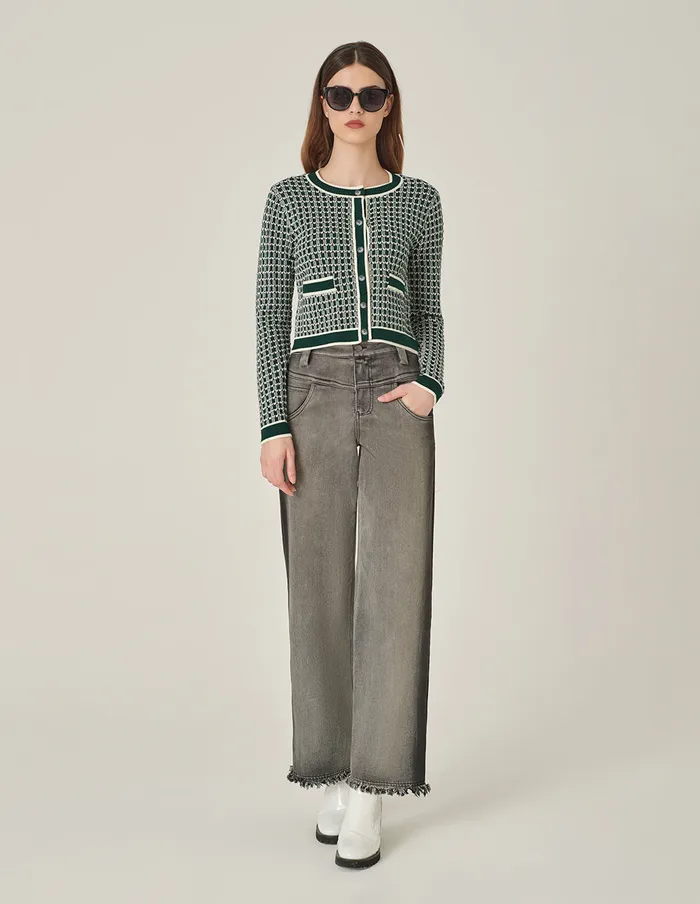MARYLING Knitwear Round Neck Glitter Checked LongSleeve Cropped Knitted Cardigan Green 8211 Women MARYLING Knitwear Round Neck Glitter Checked LongSleeve Cropped Knitted Cardigan Green 8211 Women