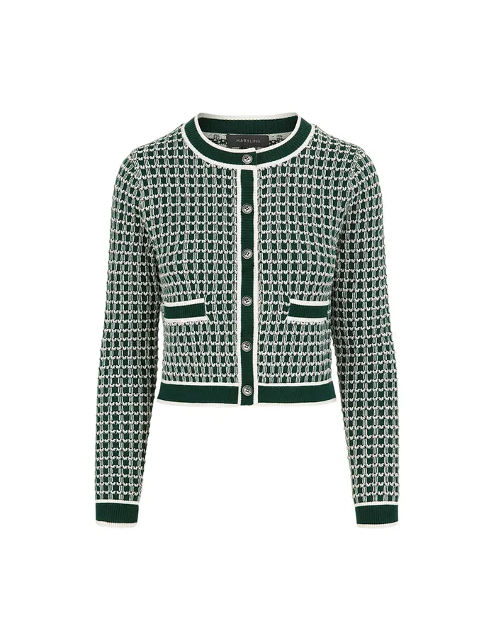 MARYLING Knitwear Round Neck Glitter Checked LongSleeve Cropped Knitted Cardigan Green 8211 Women MARYLING Knitwear Round Neck Glitter Checked LongSleeve Cropped Knitted Cardigan Green 8211 Women