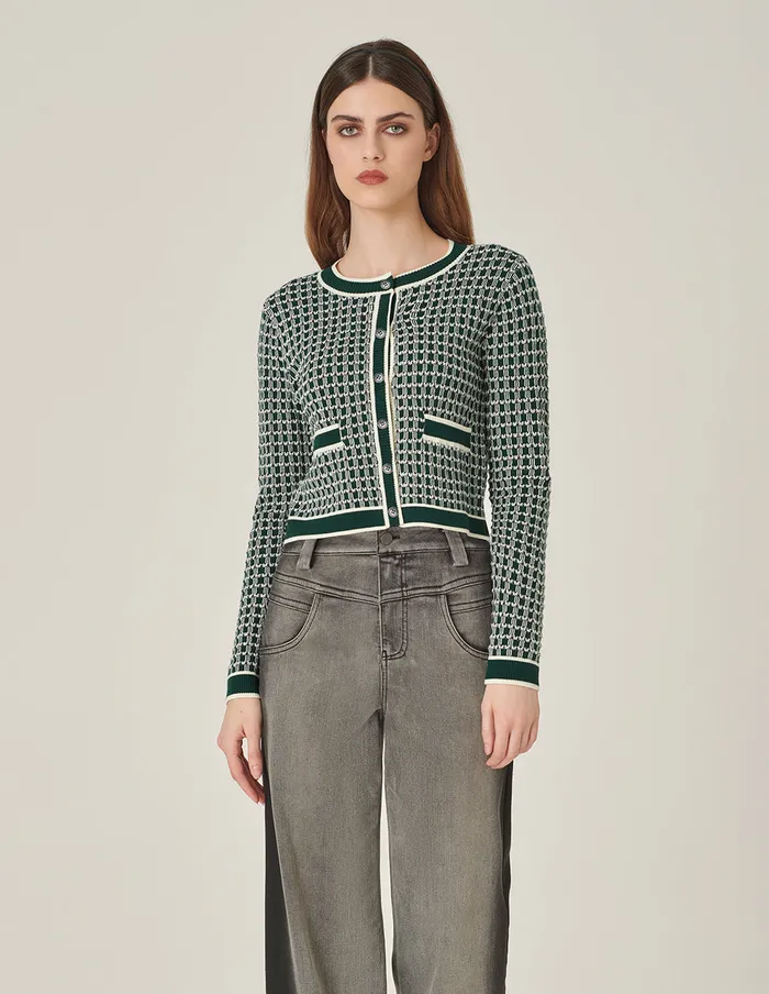 MARYLING Knitwear Round Neck Glitter Checked LongSleeve Cropped Knitted Cardigan Green 8211 Women MARYLING Knitwear Round Neck Glitter Checked LongSleeve Cropped Knitted Cardigan Green 8211 Women