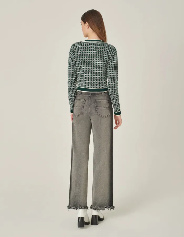 MARYLING Knitwear Round Neck Glitter Checked LongSleeve Cropped Knitted Cardigan Green 8211 Women MARYLING Knitwear Round Neck Glitter Checked LongSleeve Cropped Knitted Cardigan Green 8211 Women