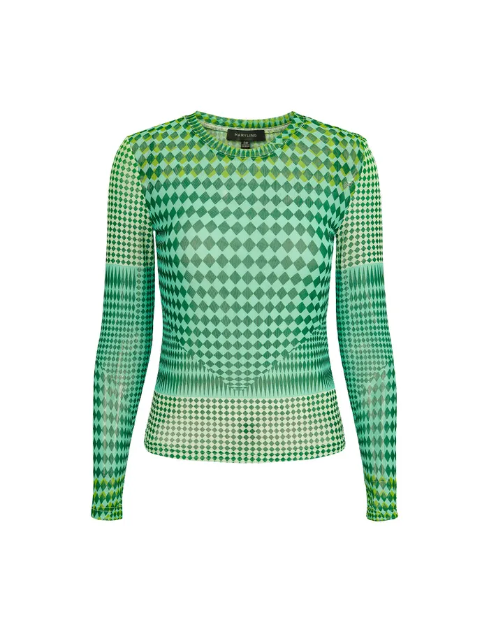 MARYLING Knitwear RoundNeck LongSleeve Slim Green Gingham Art Print Top Mosaic 8211 Women MARYLING Knitwear RoundNeck LongSleeve Slim Green Gingham Art Print Top Mosaic 8211 Women