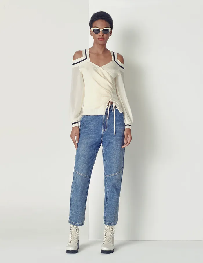MARYLING Knitwear VNeck Contrast Stripe Knitted Spliced Georgette Top White 8211 Women MARYLING Knitwear VNeck Contrast Stripe Knitted Spliced Georgette Top White 8211 Women