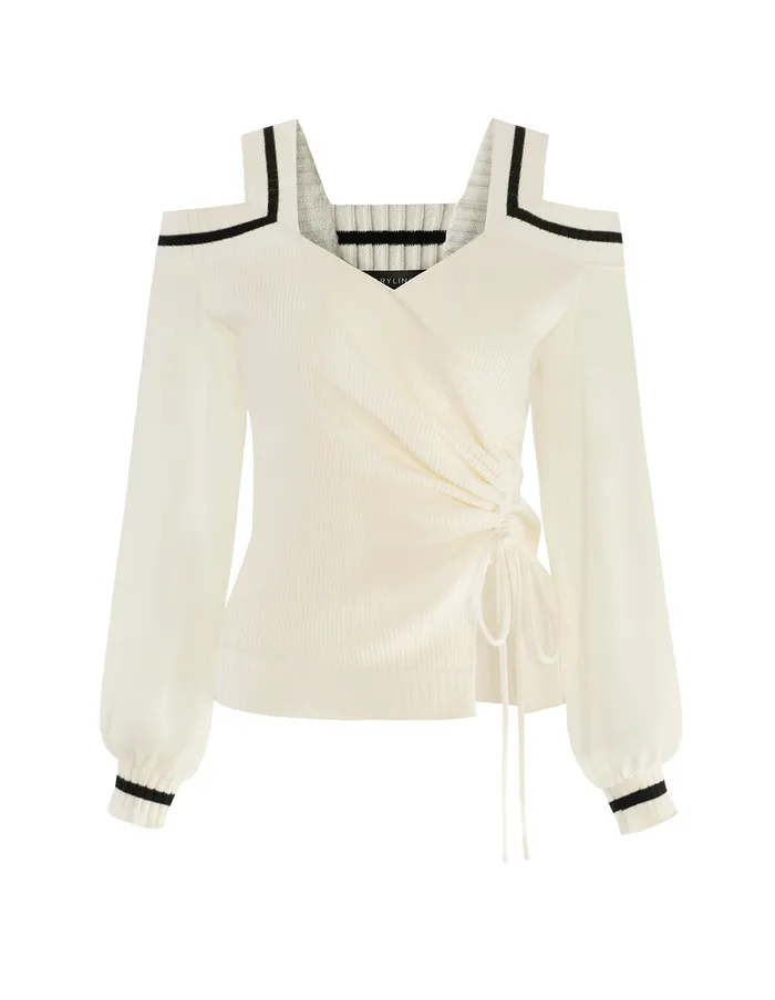 MARYLING Knitwear VNeck Contrast Stripe Knitted Spliced Georgette Top White 8211 Women MARYLING Knitwear VNeck Contrast Stripe Knitted Spliced Georgette Top White 8211 Women