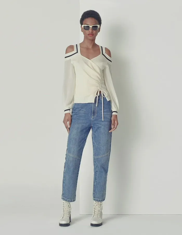 MARYLING Knitwear VNeck Contrast Stripe Knitted Spliced Georgette Top White 8211 Women MARYLING Knitwear VNeck Contrast Stripe Knitted Spliced Georgette Top White 8211 Women