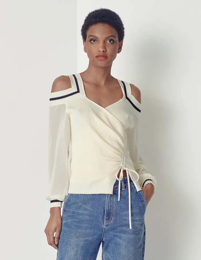 MARYLING Knitwear VNeck Contrast Stripe Knitted Spliced Georgette Top White 8211 Women MARYLING Knitwear VNeck Contrast Stripe Knitted Spliced Georgette Top White 8211 Women