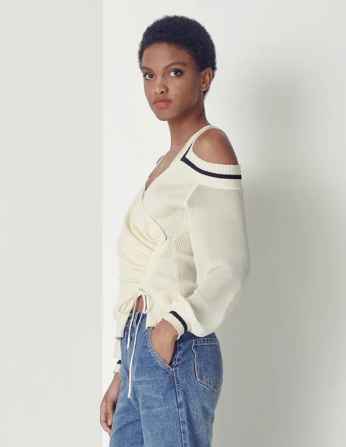 MARYLING Knitwear VNeck Contrast Stripe Knitted Spliced Georgette Top White 8211 Women MARYLING Knitwear VNeck Contrast Stripe Knitted Spliced Georgette Top White 8211 Women